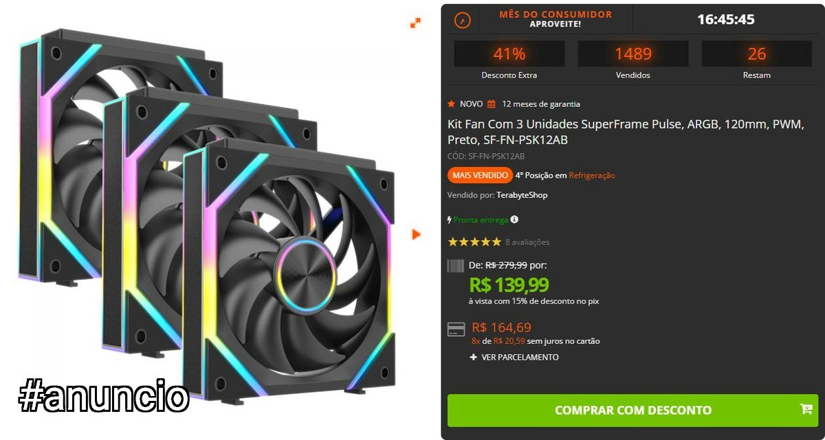 Kit Fan Com 3 Unidades SuperFrame Pulse ARGB 120mm PWM Preto 🛒