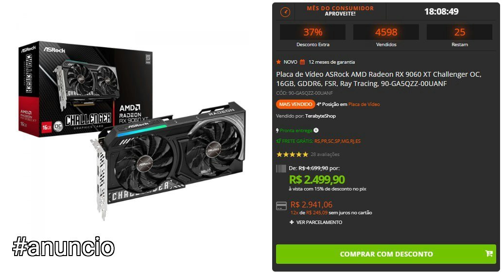Placa de Vídeo ASRock AMD Radeon RX 9060 XT Challenger OC 16GB GDDR6 🛒