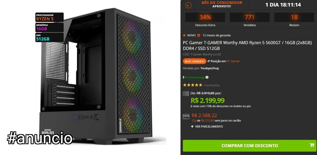 PC Gamer T-GAMER Worthy AMD Ryzen 5 5600GT / 16GB (2x8GB) DDR4 / SSD 512GB 🛒