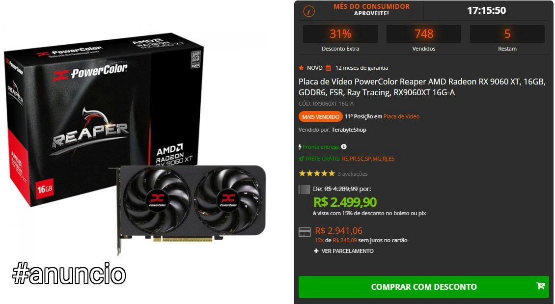 Placa de Vídeo PowerColor Reaper AMD Radeon RX 9060 XT 16GB 🛒