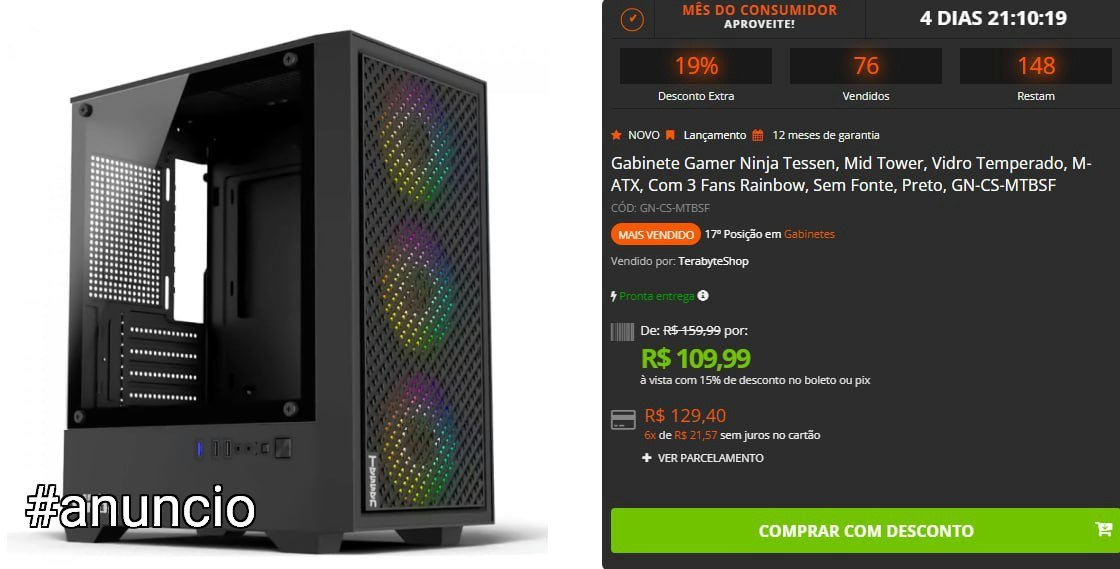Gabinete Gamer Ninja Tessen, Mid Tower, Vidro Temperado, M-ATX, Com 3 Fans Rainbow 🛒