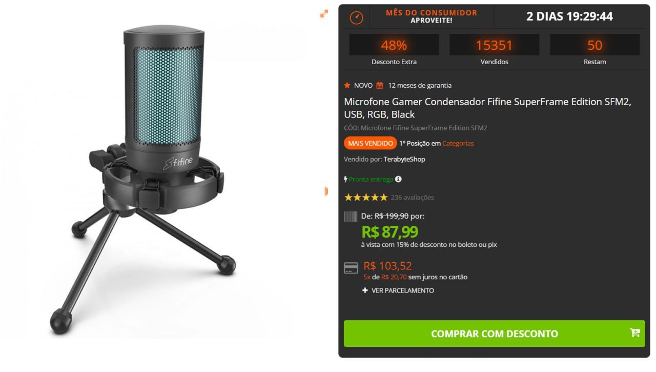 Microfone Gamer Condensador Fifine SuperFrame Edition SFM2, USB, RGB 🛒