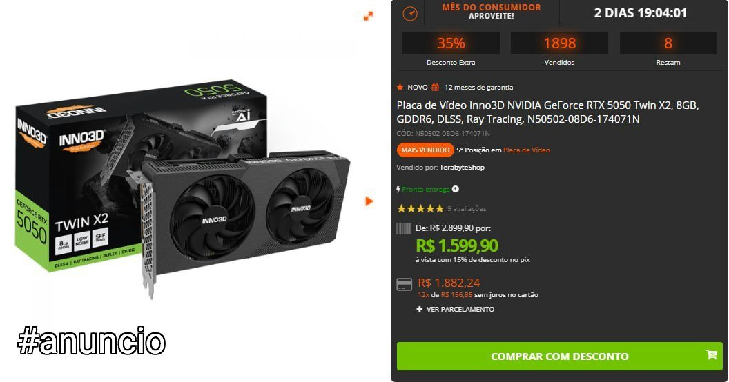 Placa de Vídeo Inno3D NVIDIA GeForce RTX 5050 Twin X2 8GB GDDR6 🛒