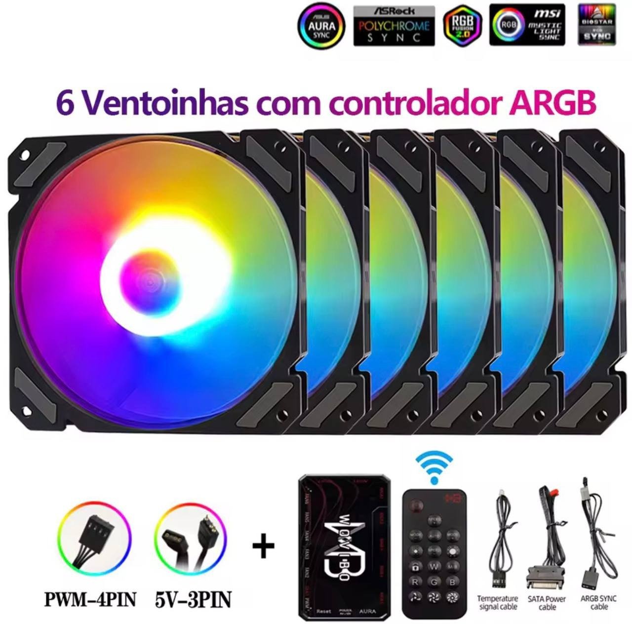 Kit 6 Fans Wovibo 120mm ARGB Com Controladora (BRANCA OU PRETA) 🛒