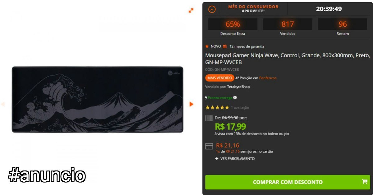 Mousepad Gamer Ninja Wave Control Grande 800x300mm Preto GN-MP-WVCEB 🛒