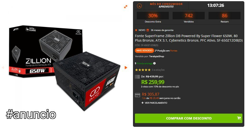 Fonte SuperFrame Zillion DB 650W 80 Plus Bronze ATX 3.1 🛒