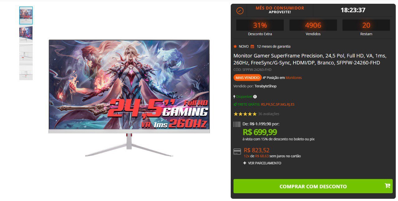 Monitor Gamer Superframe Precision 245 Pol Full Hd Va 1Ms 260Hz Freesyncg Sync Hdmidp Branco Sfpfw 24260 Fhd 🛒