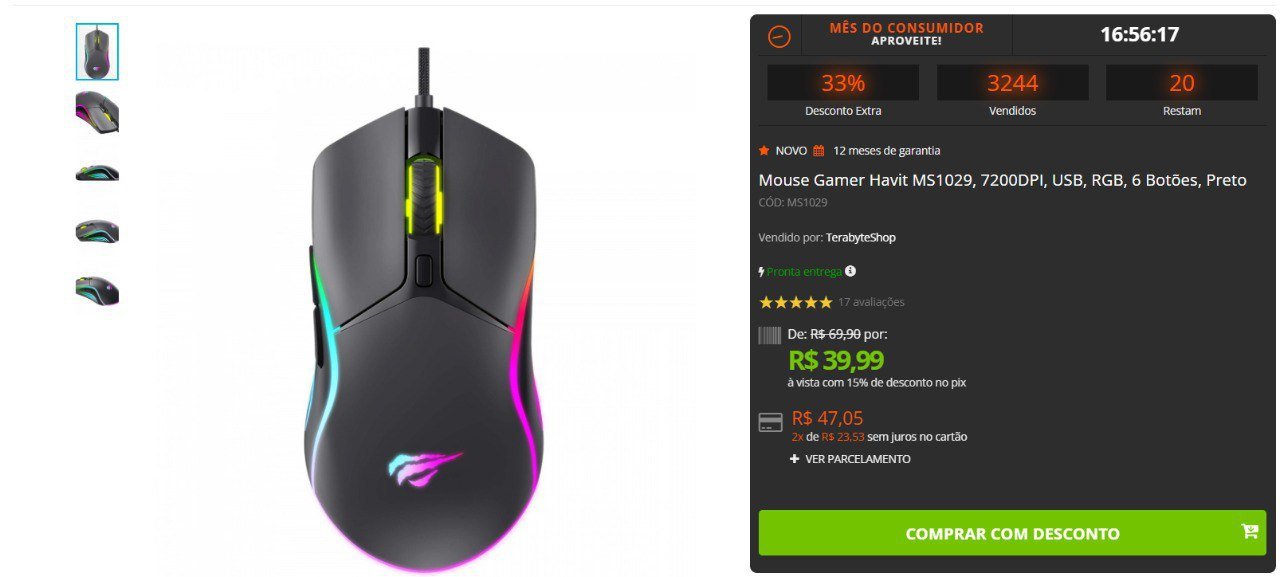 Mouse Gamer Havit MS1029 7200DPI USB RGB 6 Botões Preto 🛒