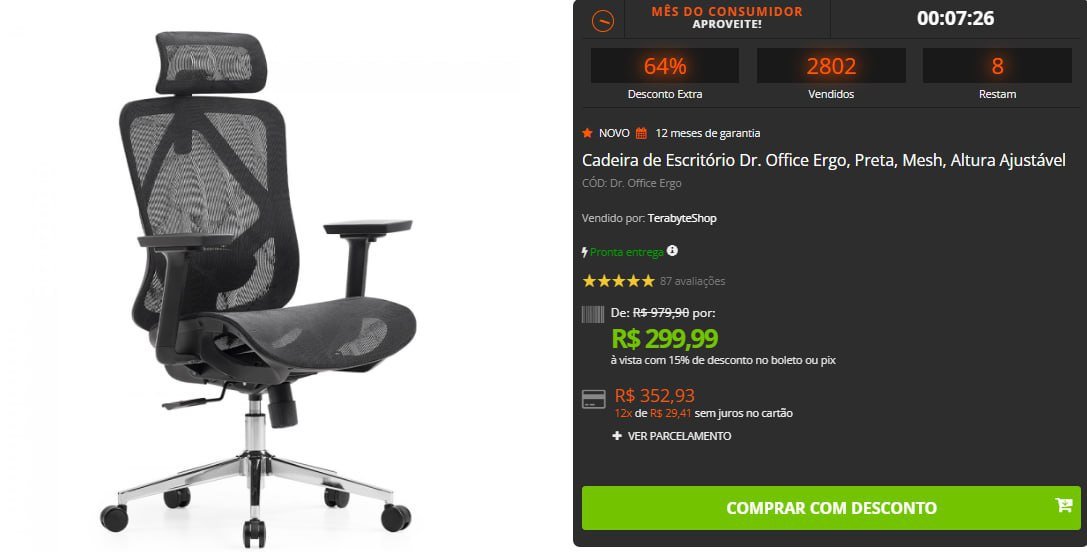 Cadeira de Escritório Dr. Office Ergo, Mesh, Altura Ajustável 🛒