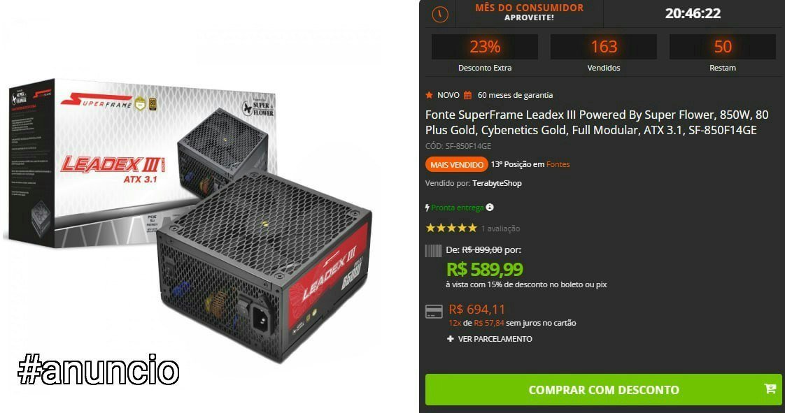 Fonte SuperFrame Leadex III 850W 80 Plus Gold 🛒