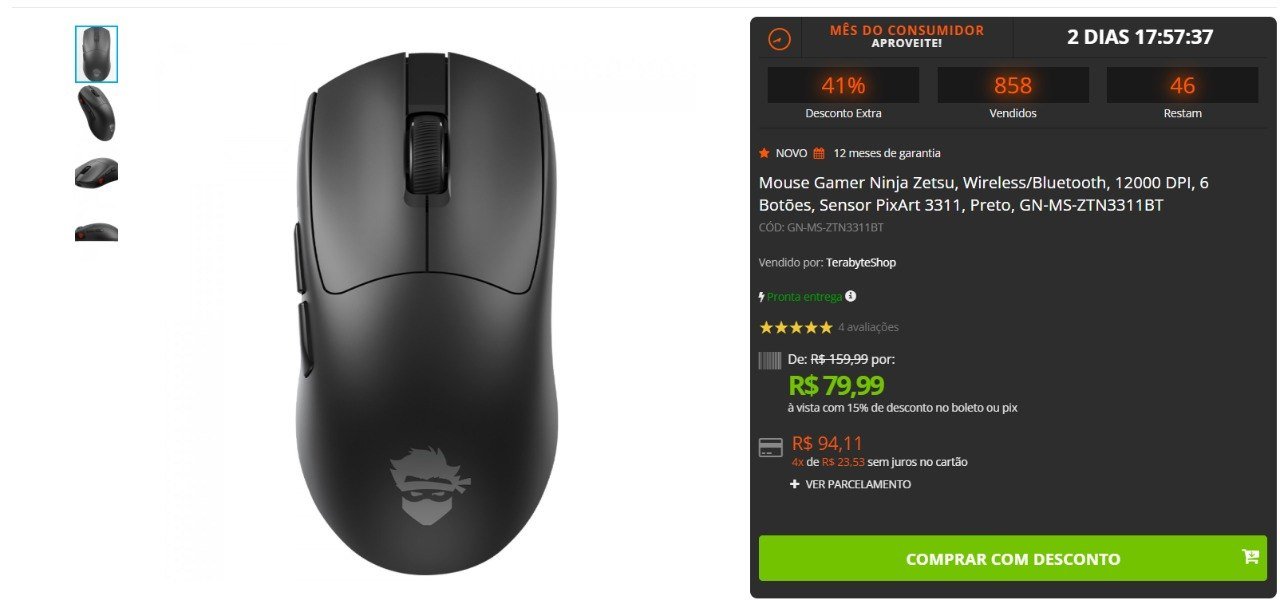Mouse Gamer Ninja Zetsu Wireless Bluetooth 12000 DPI 6 Botões Sensor Pixart 3311 Preto GN MS ZTN3311BT 🛒