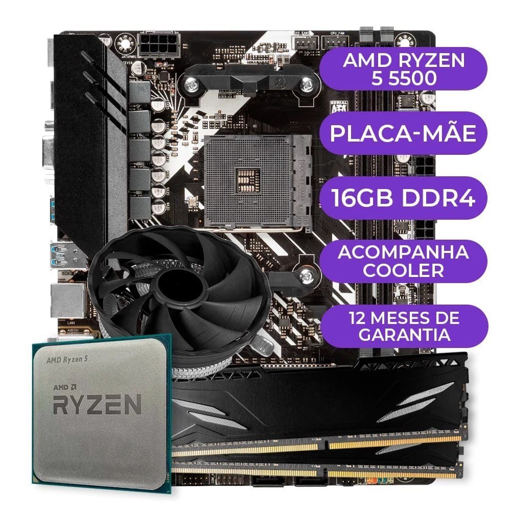 Kit Upgrade Gamer AMD Ryzen 5 5500 + B450M + 16GB DDR4 🛒