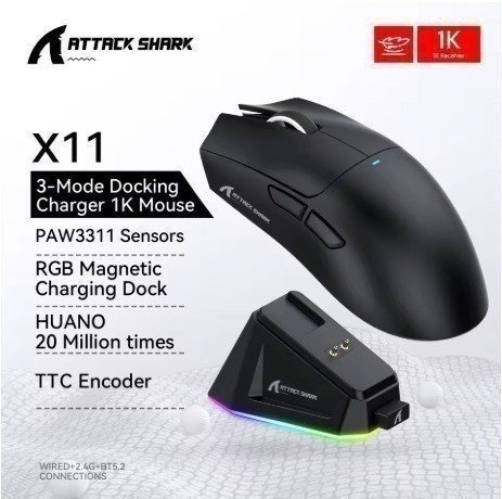 Mouse Sem Fio Attack Shark X11 / X11SE com Dock 22000 DPI Bluetooth USB 🛒