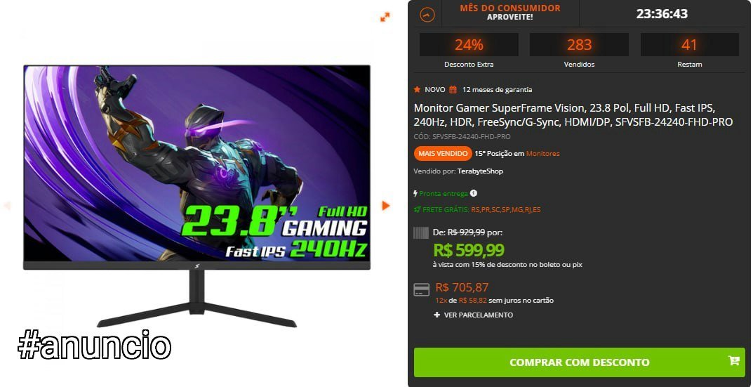 Monitor Gamer SuperFrame Vision 23.8" Full HD 240Hz 🛒
