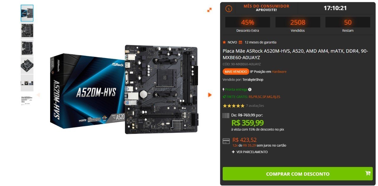 Placa Mãe Asrock A520M HVS A520 AMD AM4 MATX DDR4 🛒