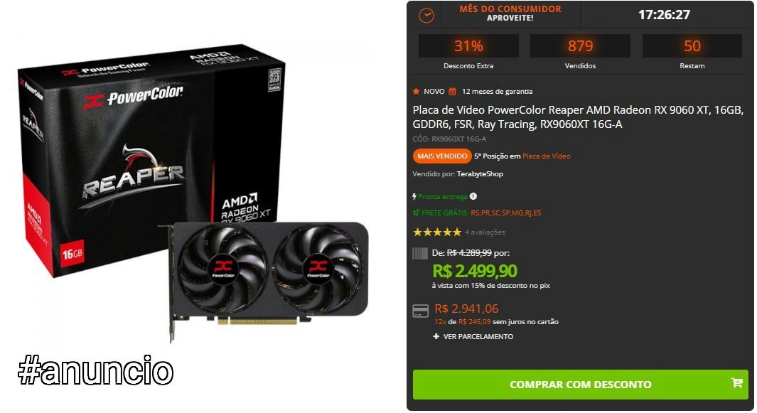 Placa de Vídeo PowerColor Reaper AMD Radeon RX 9060 XT 🛒
