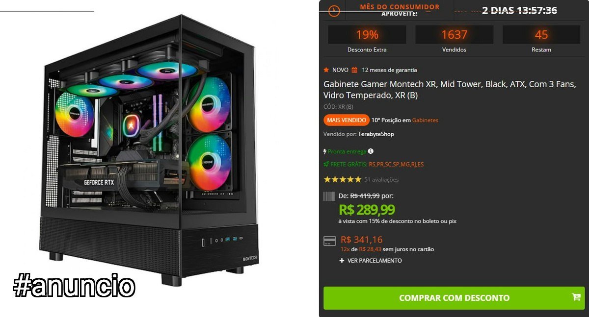 Gabinete Gamer Montech XR, Mid Tower, Black, ATX, Com 3 Fans, Vidro Temperado, XR (B) 🛒