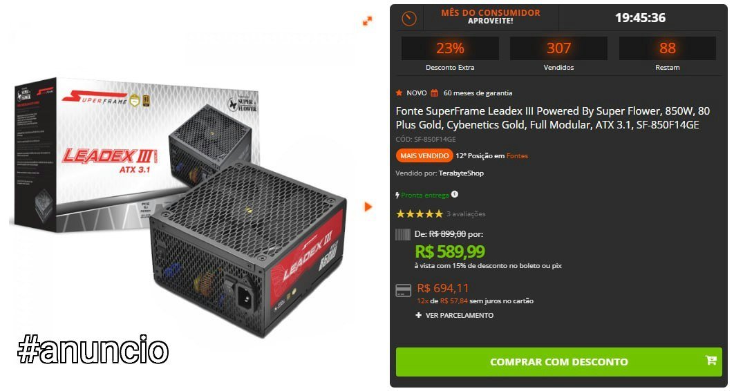 Fonte SuperFrame Leadex III 850W 80 Plus Gold 🛒