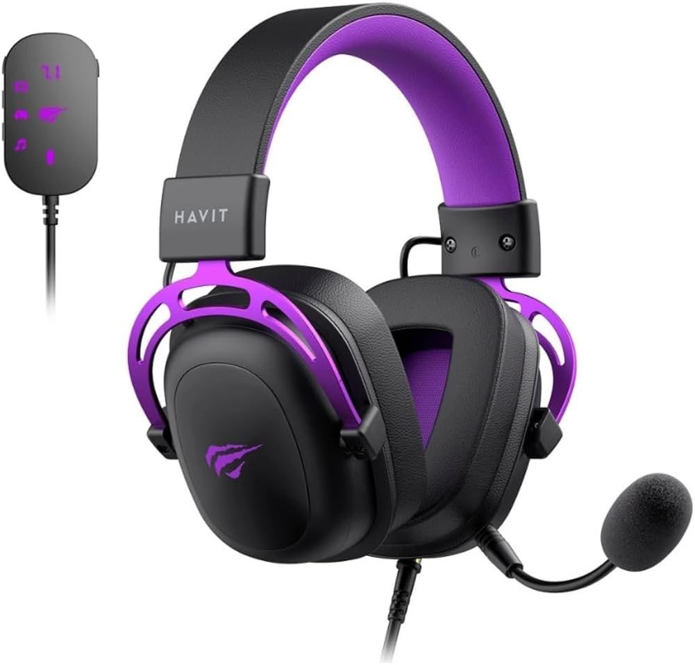 Headset Gamer Havit Gamenote H2002C + U Adaptador USB 7.1, P3, Adaptador P2 para PC, Microfone Destacável, Preto/Roxo 🎧
