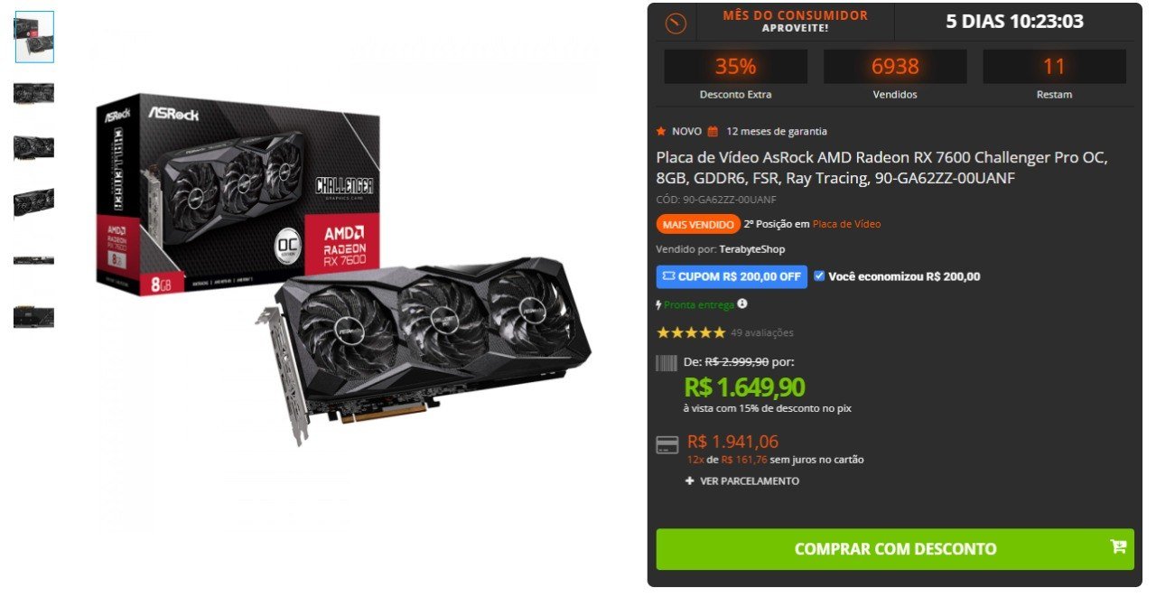 Placa de Vídeo AsRock AMD Radeon RX 7600 Challenger Pro OC 8GB GDDR6 🛒