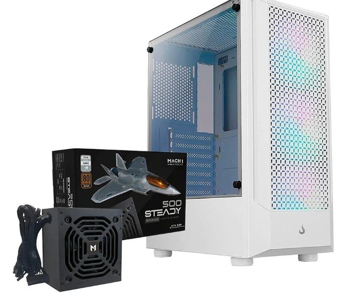 Gabinete Gamer Rise Mode Wave White com 3 Fans ARGB + Fonte MACH1 Steady 500W 🛒