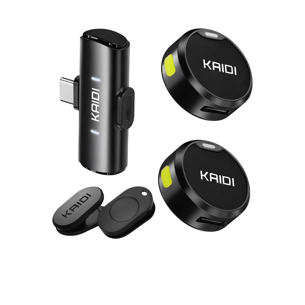 Microfone Lapela Sem Fio Duplo Kaidi Profissional Portátil Imã Redondo Anti Ruído Tipo C iPhone Gravação Celular 🎤