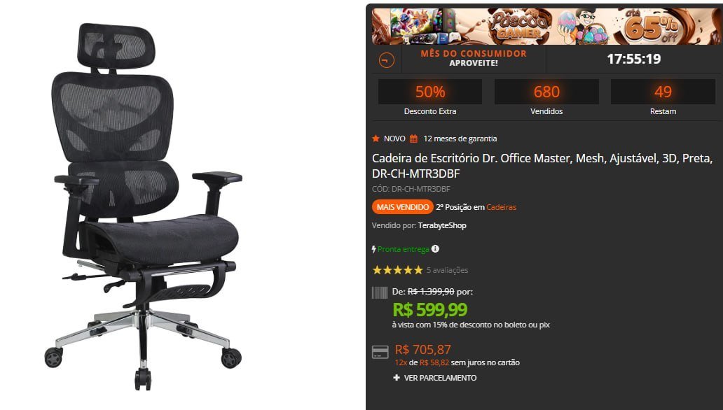 Cadeira de Escritório Dr. Office Master, Mesh, Ajustável, 3D, Preta, DR-CH-MTR3DBF 🛒