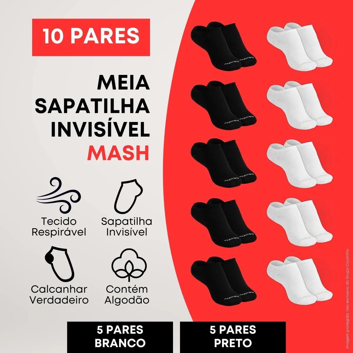 🔥 Kit 10 Pares Meia Invisível Soquete Algodão Confortável Mash