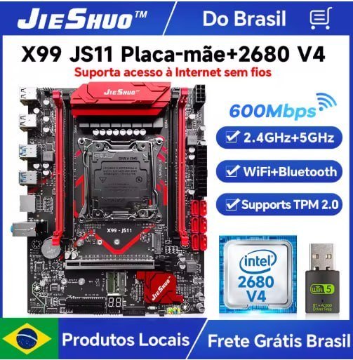 Kit x99 Jieshuo JS11 + Xeon 2680v4 + Wifi e Bluetooth USB 🛒