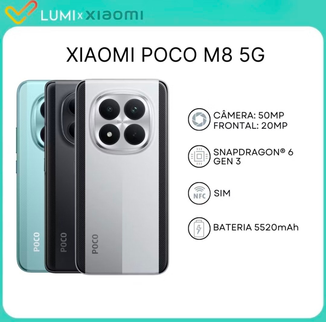 🔥 Xiaomi Poco M8 5G, Versão Global, 256GB/512GB + 8GB RAM, Processador Snapdragon 6 Gen 3, Câmera de 50MP, Bateria 5520mAh