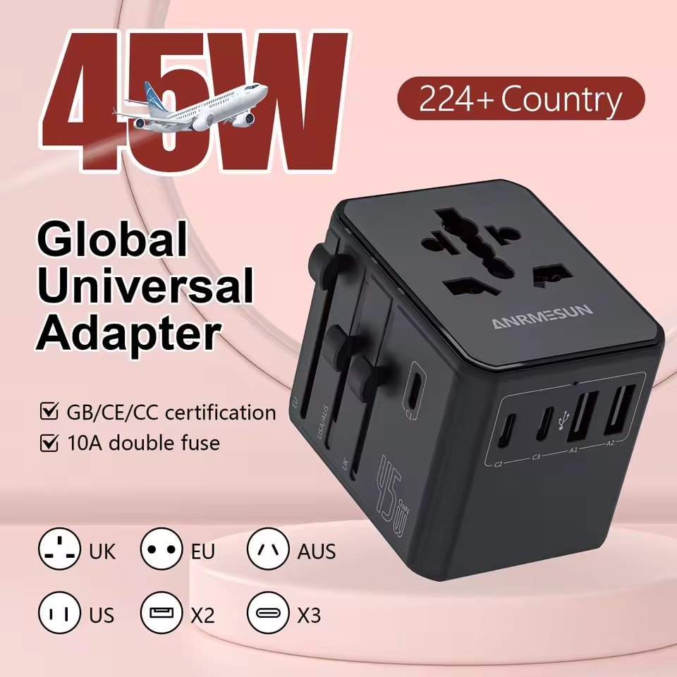 🔥 Adaptador de Viagem Universal ANRMESUN com 2 Portas USB e 2 Tipo-C