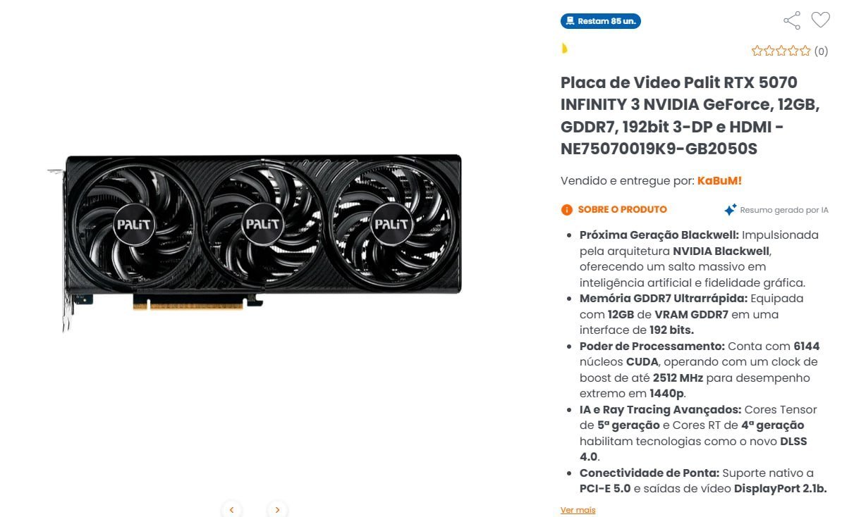 Placa de Video Palit RTX 5070 INFINITY 3 NVIDIA GeForce, 12GB, GDDR7, 192bit 3-DP e HDMI - NE75070019K9-GB2050S 🛒