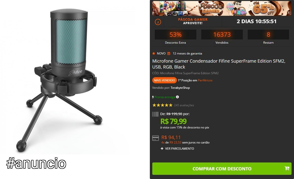 Microfone Gamer Condensador Fifine SuperFrame Edition SFM2, USB, RGB, Black 🎤