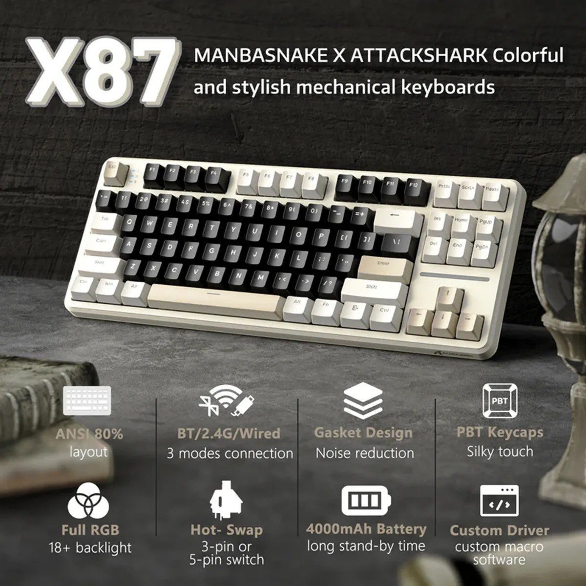 Teclado Mecânico Gamer Sem Fio Bluetooth Attack Shark X87 ⌨️