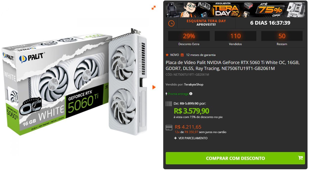 Placa de Vídeo Palit NVIDIA GeForce RTX 5060 Ti White OC, 16GB 🛒