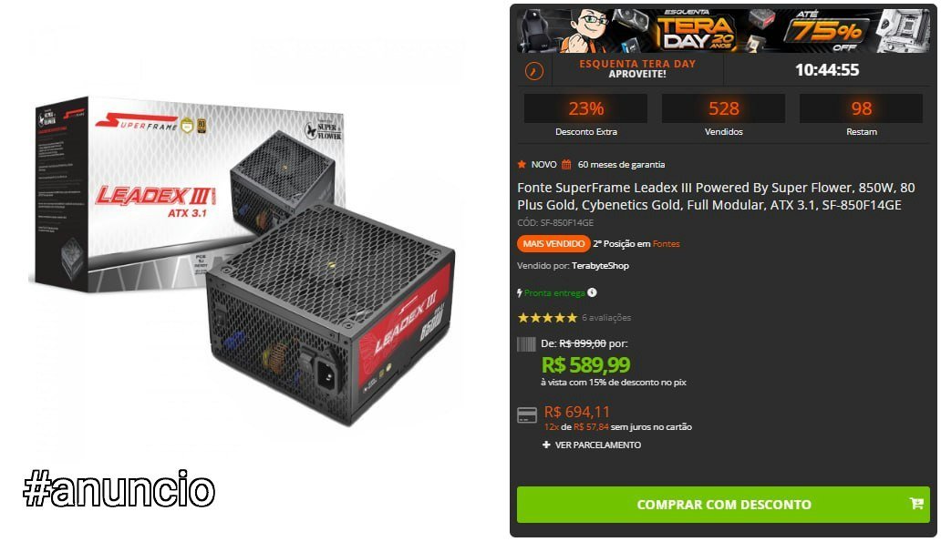 Fonte SuperFrame Leadex III Powered By Super Flower, 850W, 80 Plus Gold, Cybenetics Gold, Full Modular 🛒