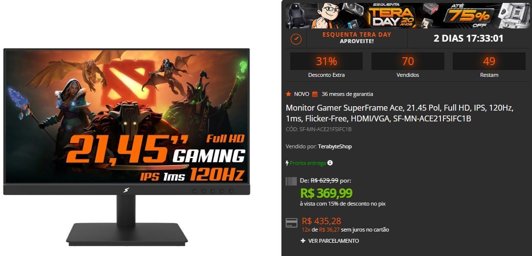 Monitor Gamer SuperFrame Ace 21.45" Full HD IPS 120Hz 1ms 🛒