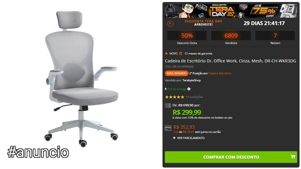 Cadeira de Escritório Dr. Office Work, Cinza, Mesh 🛒