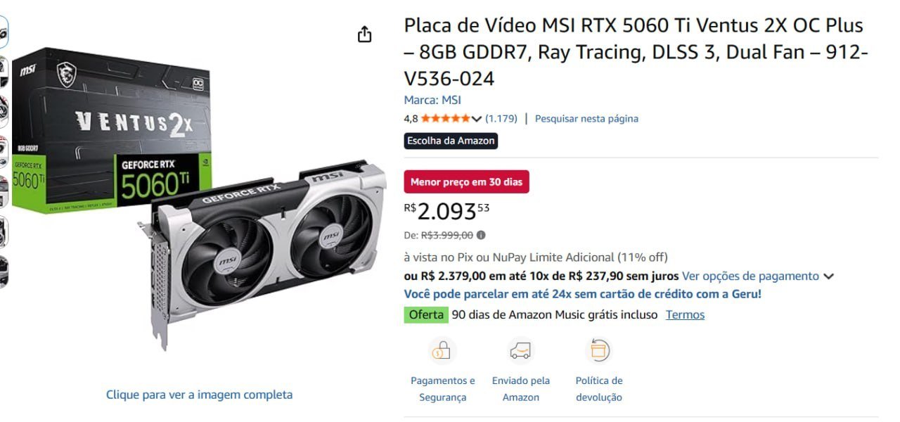 Placa de Vídeo MSI RTX 5060 Ti 8GB 🛒