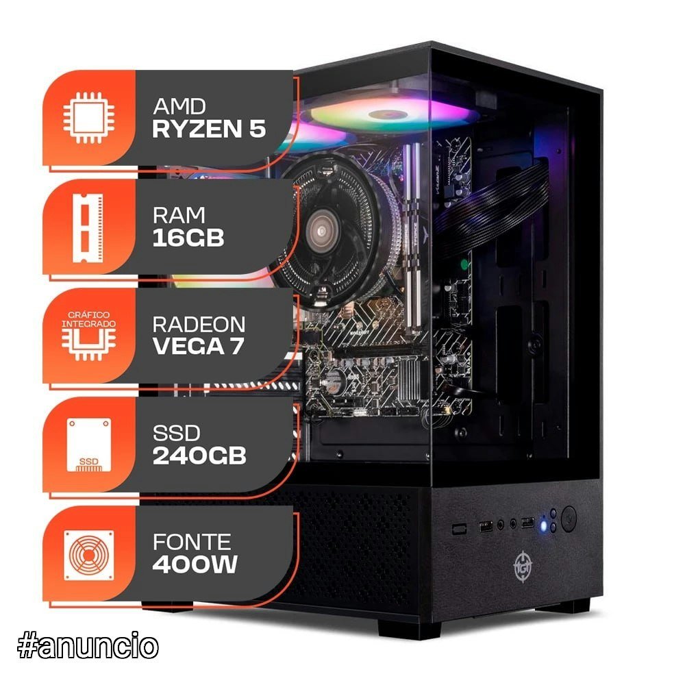 PC Gamer Forge, AMD Ryzen 5 5600GT, 16GB DDR4, SSD 240GB, Fonte 400W 80 Plus 🛒