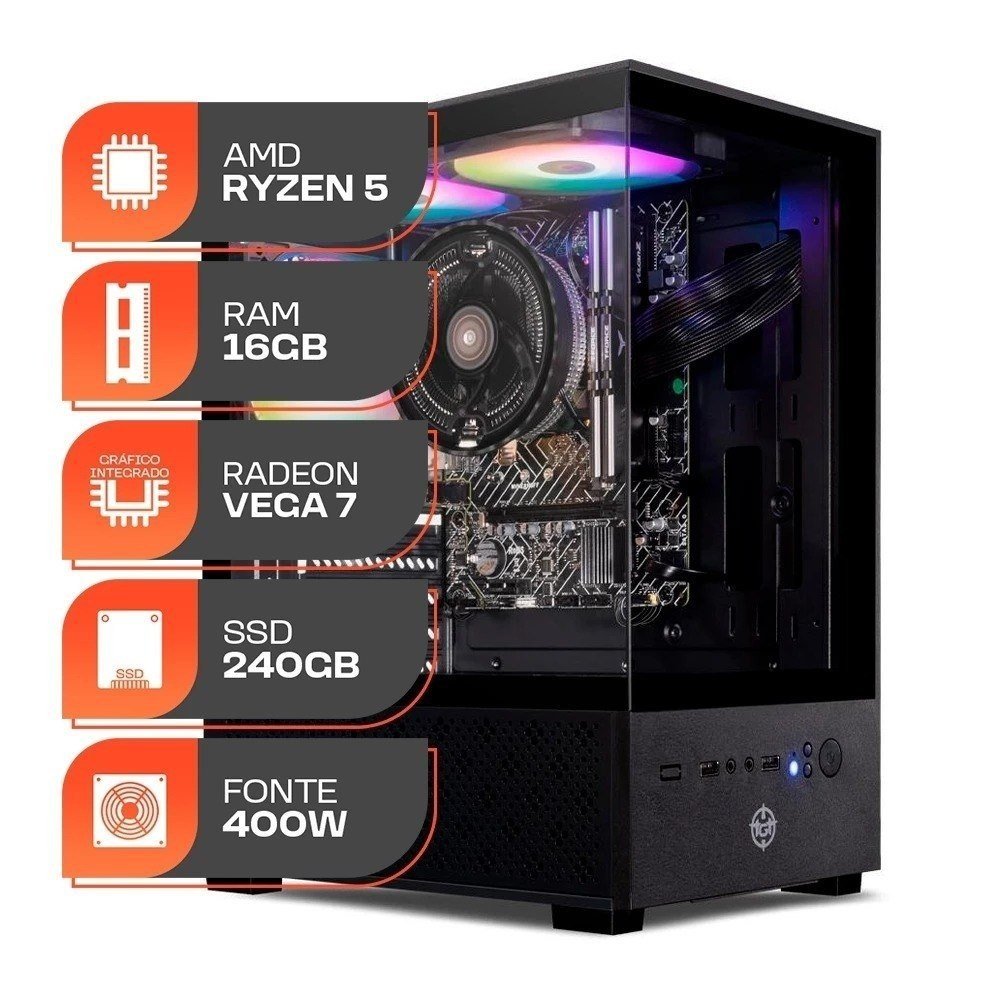 PC Gamer Forge, AMD Ryzen 5 5600GT, 16GB DDR4, SSD 240GB, Fonte 400W 80 Plus 🛒