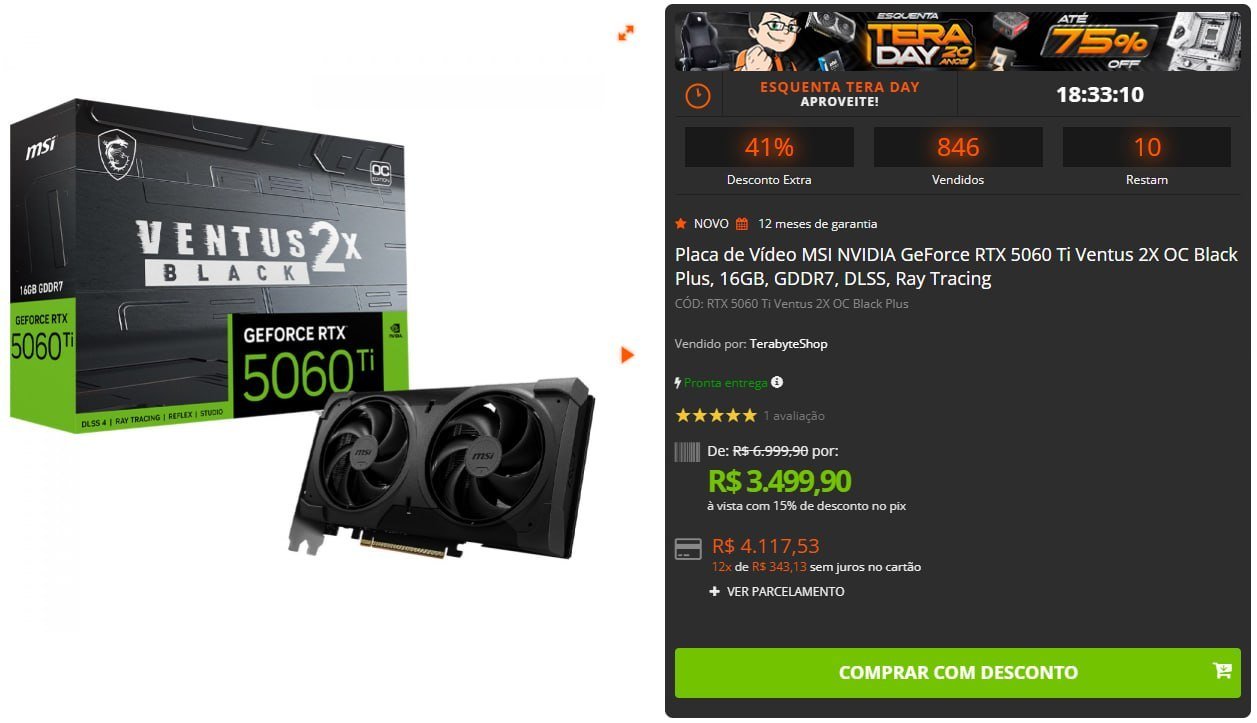 Placa de Vídeo MSI NVIDIA GeForce RTX 5060 Ti Ventus 2X OC Black Plus, 16GB 🛒