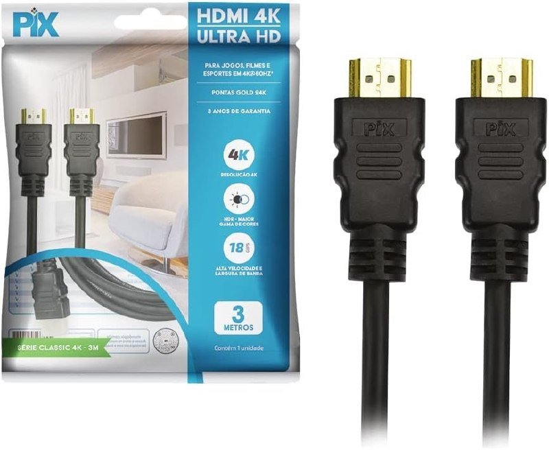 Cabo HDMI 2.0 4K HDR 19P 3M Gold, Preto 🛒
