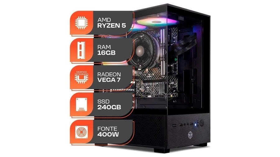 PC Gamer Forge, AMD Ryzen 5 5600GT, 16GB DDR4, SSD 240GB, Fonte 400W 80 Plus 🛒