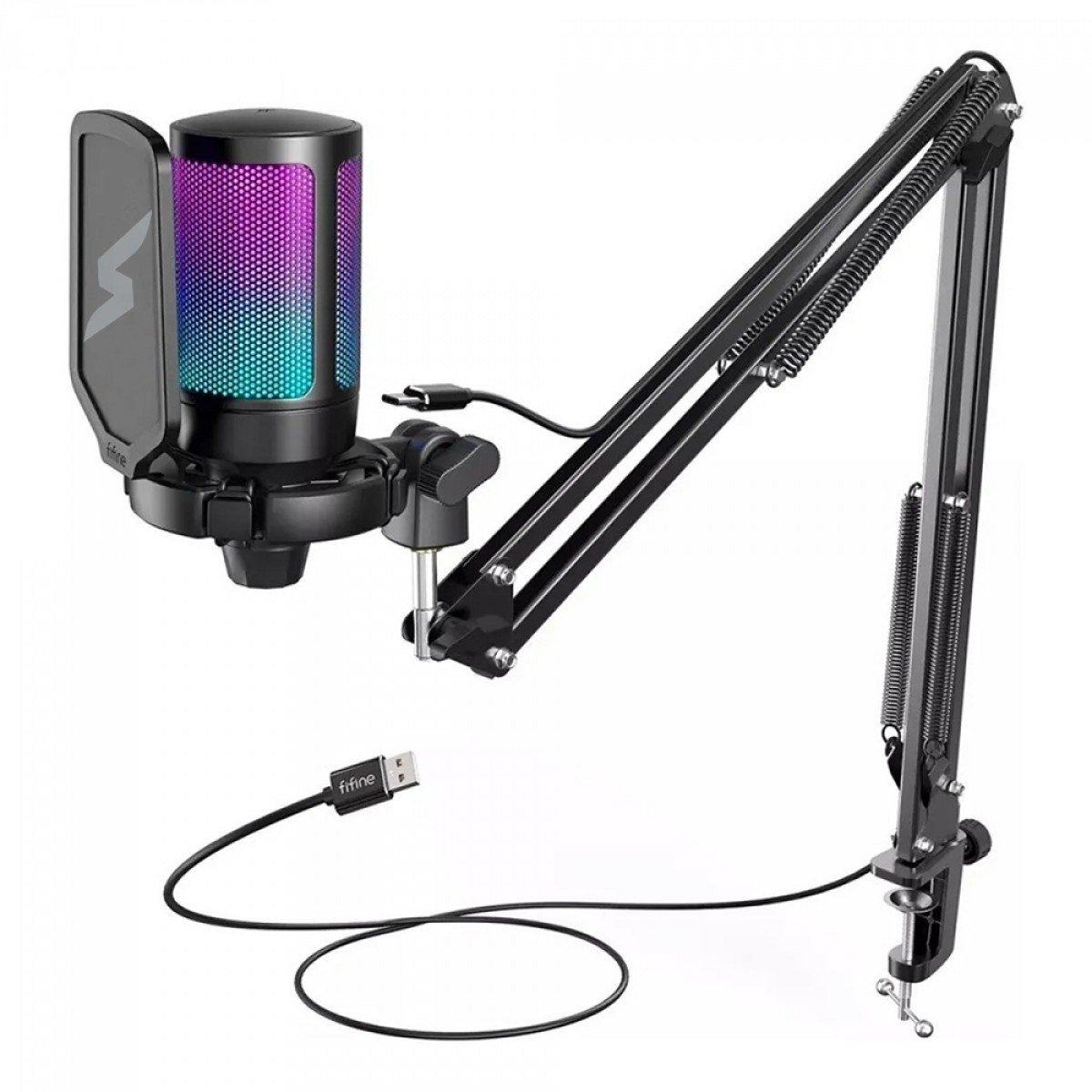 MICROFONE GAMER FIFINE SUPERFRAME EDITION SFM1 RGB USB BLACK COM BRAÇO ARTICULADO 🎤