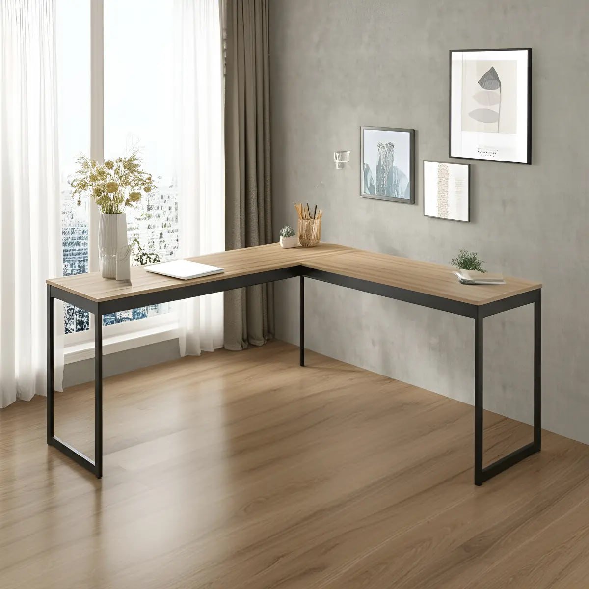 Mesa Em L Industrial Escrivaninha De Canto Nórdico Vintage Ferro E Madeira 150x74x45 🛒