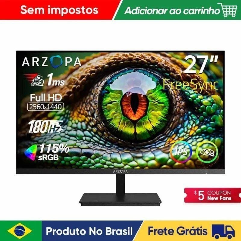 Monitor Gamer Arzopa 27" QHD Fast IPS 180Hz 1Ms HDMI DP 🛒