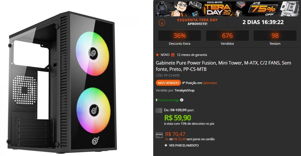 Gabinete Pure Power Fusion Mini Tower M-ATX c/ 2 FANS, Sem Fonte, Preto 🛒