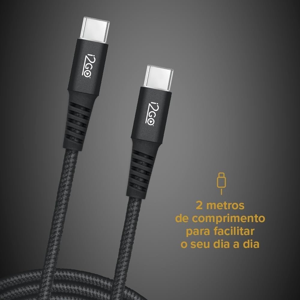Cabo USB-C + USB-C I2GO 2m 3A Nylon Trançado Preto - I2GO PRO 60w 🛒