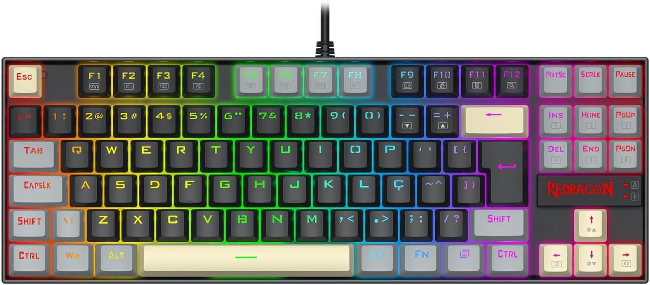 Teclado Mecânico Gamer Redragon Kumara RGB Preto Cinza e Amarelo Switch Marrom TKL K552LGY-RGB 🛒